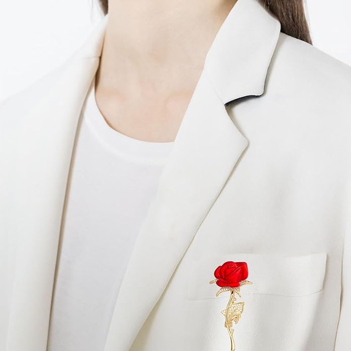 Just Follow Red Rose Flower Brooch with Rhinestones Sparkling Floral Pin for Women Vintage Blazer Jacket Dress Hat Scarf Accessory