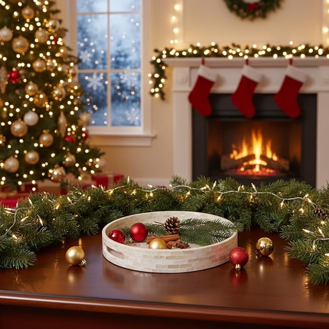 PEMAR 12.6” Mother of Pearl Round Serving Tray with Handles, Decorative Nacred Wooden Ottoman Coffee Table Tray (White Tiles)