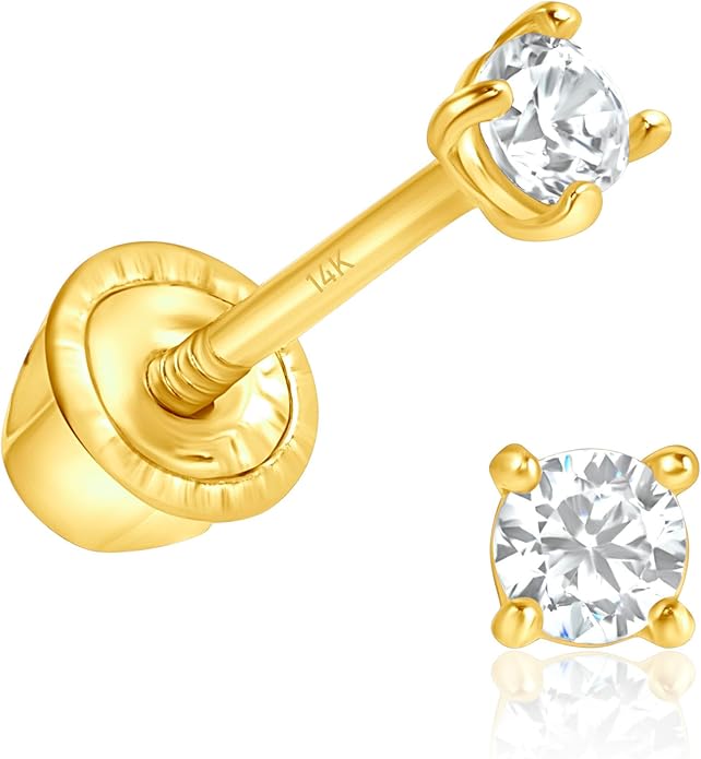 14k Gold Cubic Zirconia Stud Earrings for Women & Men (2mm-6mm Diameter) - CZ Simulated Diamond, Real Solid 14K Gold, Secure Screw Back