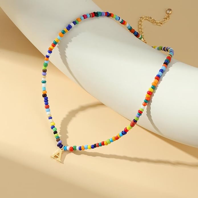 Yoosteel Colorful Beaded Initial Necklaces for Girls Gifts - Cute Choker Necklace for Kids Jewelry A-Z Initial Necklaces for Women Personalized Birthday Gifts for Teenage Girls