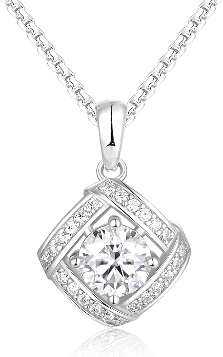 D Color 0.53ct/1.24ct/1.72ct/1.2ct Moissanite Necklace for Women Men, 925 Sterling Silver Chunky Circle/Triangle/Square Pendant, Birthday Christmas Valentines Jewelry, 16-20 Inch Box Chain Adjustable