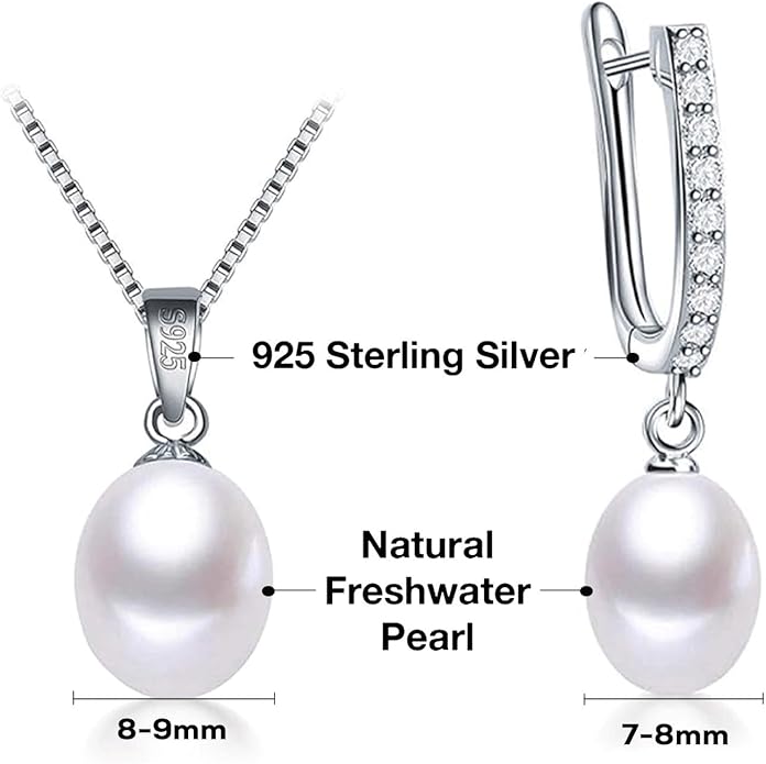 Pearl Jewelry Set For Women Pearl Pendant Necklace & Pearl Earrings with Sparkling Rhinestones 925 Sterling Silver Freshwater Pearl Drop Jewelry Set for Wedding Prom Gift