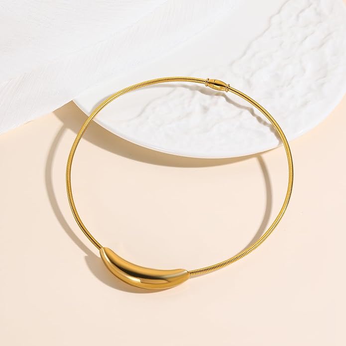Stailess Steel Metal Curved Bar Tube Choker Necklace For Women,Statement Chunky Snake Chain Horizontal Round Tube Jewelry Necklace