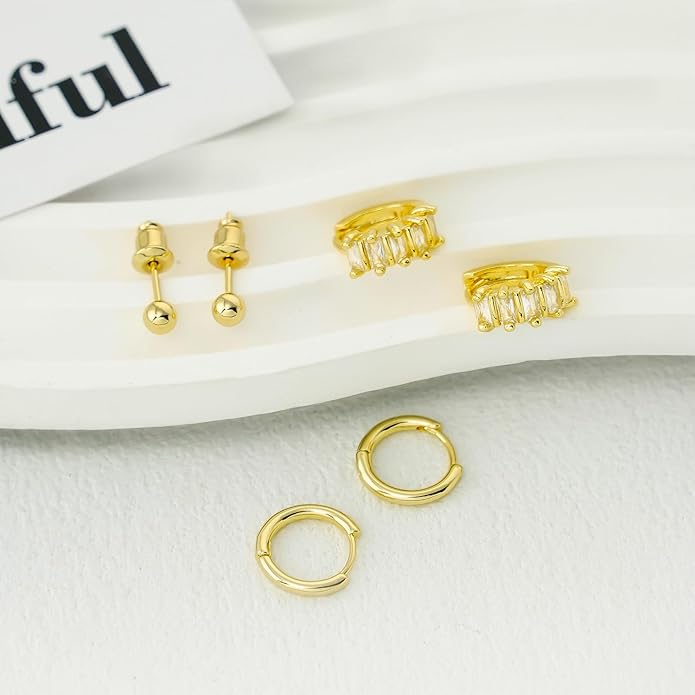 Gold Hoop Earrings Set for Women 14K Gold Silver Plated Huggie Earring Pack Multiple Piercing Dainty Cartilage Earring Hypoallergenic Trendy Cubic Zirconia CZ Earring Stack Jewelry Gifts