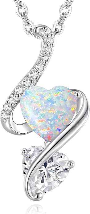 LOUISA SECRET 925 Sterling Silver Opal Birthstone Necklace, Unique Tiny Double Heart Pendant Jewelry, Engraved with "S925 I Love You" Best Birthday Gift for Women Wife Girlfriend Mom Her, Christmas Day Valentine's Day Anniversary Mother's Day