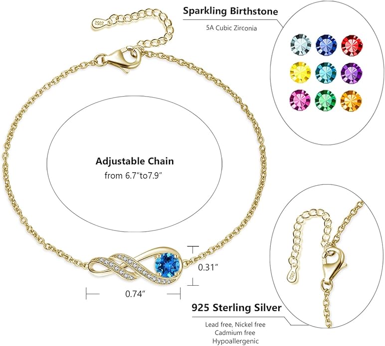Birthstone Bracelets for Women 925 Sterling Silver Created Gemstone Bracelet Infinity Pendant Jewelry for Her, 6.7"+1.2"
