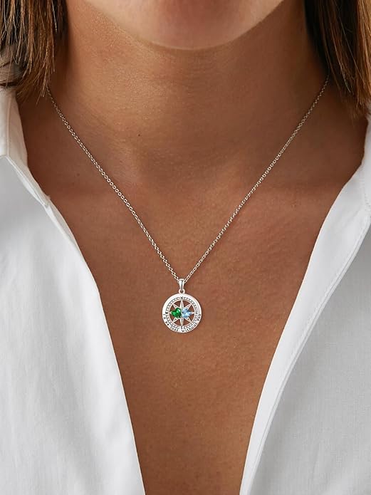 Compass Birthstones Necklace for Women, Exquisite Anniversary Birthday Gifts for Wife Her Double Birthstone Pendant jewelry ‘I'd be Lost Without You’