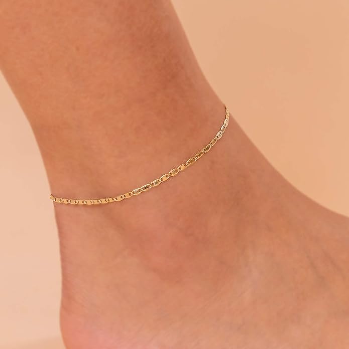PAVOI 14K-18K Gold Plated Charm Link Flat Gold Anklets for Women | Beaded Marina Link Mariner Paperclip Snake Chain Jewelry Anklets