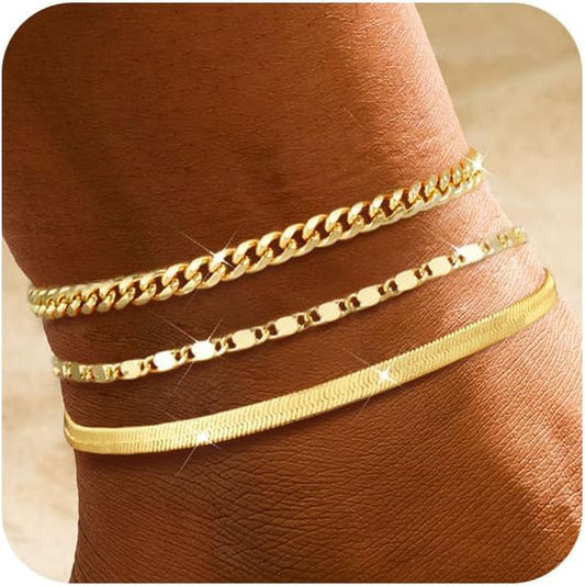 2/3 PCS Gold Anklets for Women Waterproof Cuban Link Anklet Beaded Bracelets Stackable Bracelets 14K Gold Plated Custom Jewelry Gifts Non Tarnish Lightweight