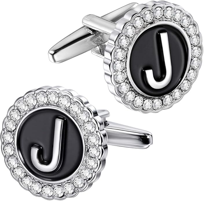 HAWSON A-Z Initial Cufflinks for Men and Women with Clear Crystal, Gold Silver Color Rasied Letter A-Z Cuff Links for French Shirt, Gift for Normal and Business Wearing
