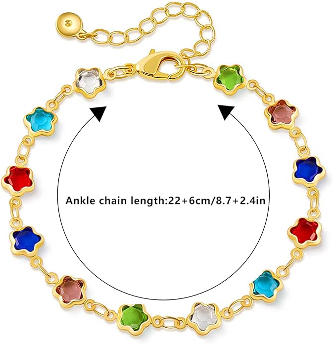 18K Gold Plated Anklet for Women Multicolor Crystal Ankle Bracelets Boho Adjustable Chain Anklets