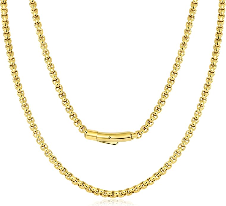 TUNGSTORY Box Chains Necklace for Men - Bold 18K Gold Plated 316L Stainless Steel Chain Necklace Including Jewelry Box, 4mm Mens Chains with Easy-On Clasp, Non-Tarnish Hypoallergenic - Jewelry Gift for Him, 20 Inches