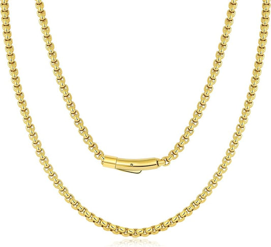 TUNGSTORY Box Chains Necklace for Men - Bold 18K Gold Plated 316L Stainless Steel Chain Necklace Including Jewelry Box, 4mm Mens Chains with Easy-On Clasp, Non-Tarnish Hypoallergenic - Jewelry Gift for Him, 20 Inches