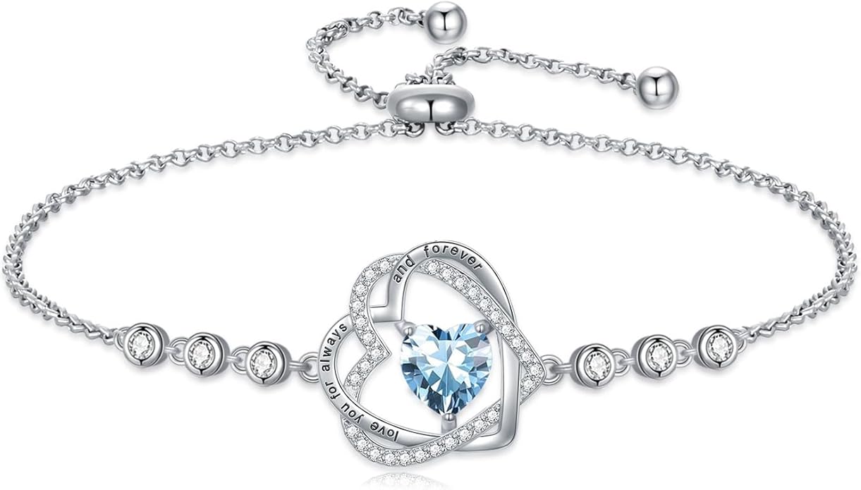 TOUPOP Heart Birthstone Bracelet 925 Sterling Silver Double Heart Bracelet Love You for Always and Forever Jewelry Anniversary Birthday Christmas Gifts for Women Wife Her