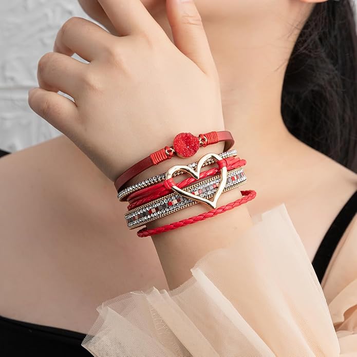 Rantanto Braid Leather Wrap Bracelet Trendy Stackable Crystal Cuff Boho Gold Heart Bracelet Jewelry Gift For Women