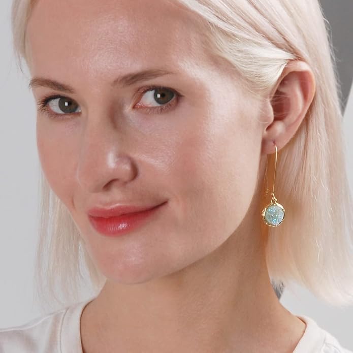 Simulated Druzy Threader Drop Earrings for Women - Gold, Silver, or Rose Gold Tone Trendy Boho Dangles with Sparkly Round Stone