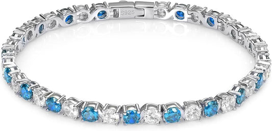 18K White Gold Plated Birthstone Tennis Bracelet for Women, Hypoallergenic 925 Sterling Silver with 5A Cubic Zirconia, Dainty Jewelry Anniversary Birthday Gifts for Her