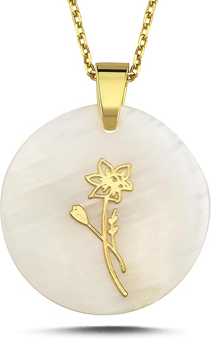 ONTHOLOGIE Birth Month Flower Necklace on Natural Mother of Pearl, 925K Sterling Silver Pendant Birth Flower Necklace, Personalized Birth Month Jewelry, Meaningful Gift for Women