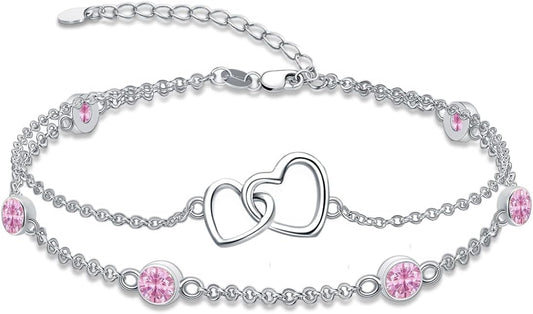 Dorunmo Heart Birthstone Bracelet Anklet for Women 925 Sterling Silver Birthday Jewelry Gifts for Women Wife