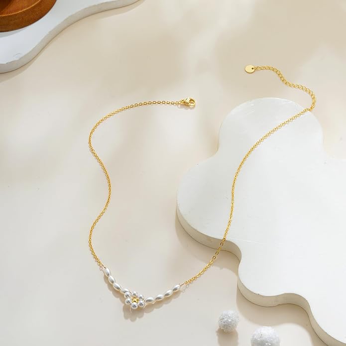 Gold Pearl Necklaces for Women Trendy, 14K Gold Plated Dainty Necklace Simple Layered Pearl Necklaces for Women Trendy Wedding Birthday Jewelry
