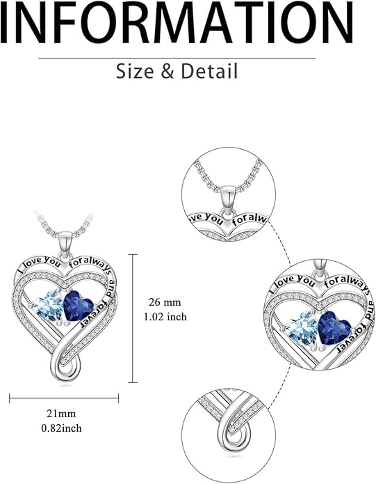 I Love You for Awlays and Forever Double Heart Necklace with Birthstone, 2 Birth Stone Jewelry Anniversary Valentines Mothers Day Christmas Birthday Gifts for Women Her Wife Girlfriend Mom Mother