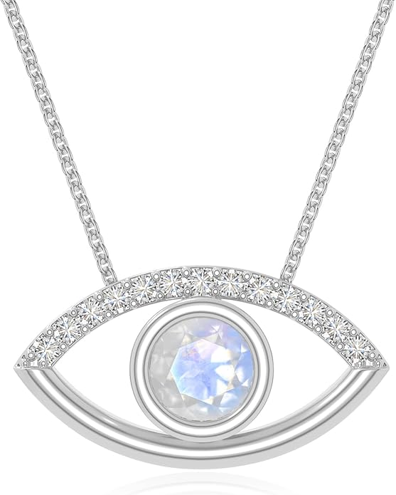 Natural Gemstone with Moissanite Evil Eye Pendant Necklaces for Women in Silver/18K Yellow/Rose Gold Vermeil,Birthstone Jewelry Gifts for Her Birthday,Anniversary, Graduation