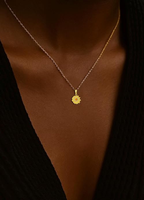 Dainty Genuine Amber Sunflower Pendant Necklace 925 Sterling Silver vintage Natural Gemstone Jewelry for Women Sunflower Lover