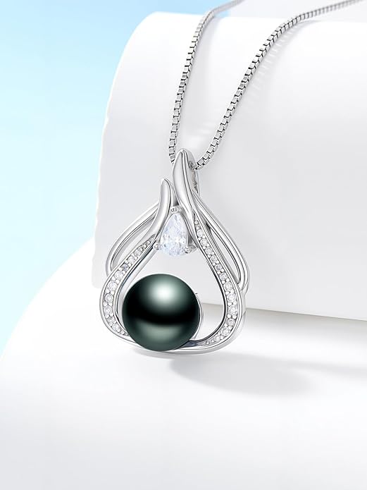 KANNSOAR Tahitian Black Pearl 18K White Gold Plated Sterling Silver Heart/Infinity/Four Leaf Clover Pendant Necklace Jewelry Gifts for Women Wife Mom Girlfriend Wedding Birthday Anniversary Christmas
