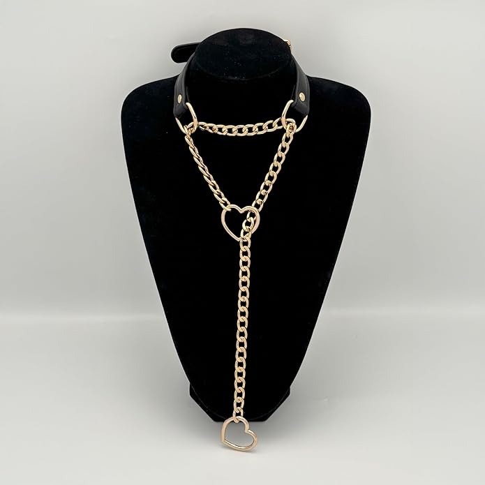 Black Leather Choker Collar For Women, Handmade Heart Slip Chain Choker Long Necklace with Adjustable Buckle
