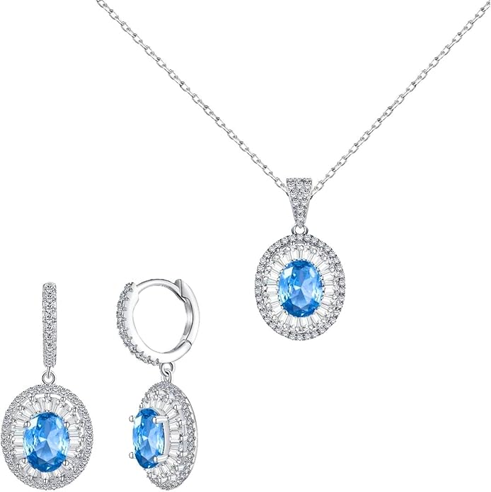 925 Sterling Silver Jewelry Set - Oval Blue Topaz-Tone and CZ Diamond Halo Necklace with Matching Earrings, Dainty Pendant Set with Exquisite Leather Box