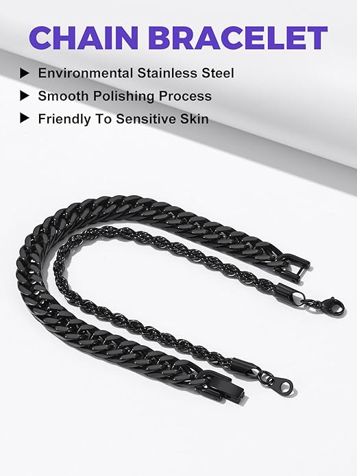 Richsteel 2PCS/3PCS Bracelets Chain for Men Women Stainless Steel Silver/Gold/Black Cuban/Rope Link Chain Bracelets Set, 7.4/8.2/9 Inch Hand Chain Length for Men Women Jewelry