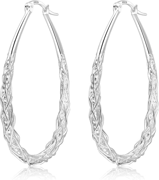 Senteria Sterling Silver Hoop Earrings - Medium, Lightweight, Thick Twist Oval Hoops