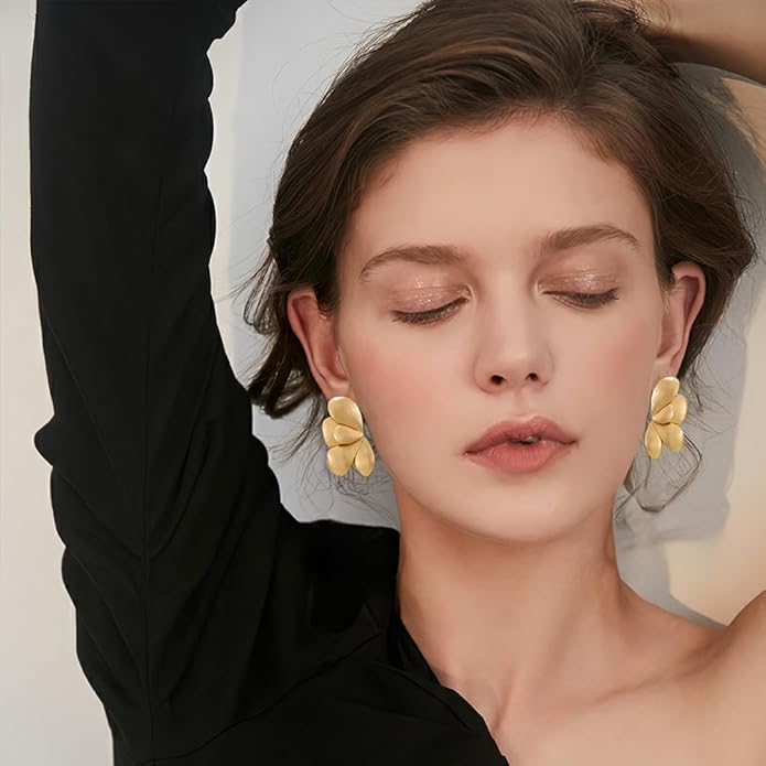 Chunky Gold Statement Earrings For Women Gold Plated Sectored Flower Leaf Shell Angel Wing Earrings Large Stud Earrings Hypoallergenic Earrings