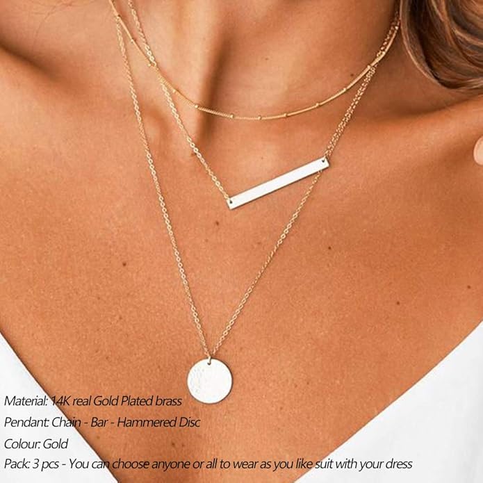 Turandoss Dainty Layered Choker Necklace, Handmade Y Pendant Necklace Multilayer Bar Disc Necklace Adjustable Layering Choker Necklaces for Women