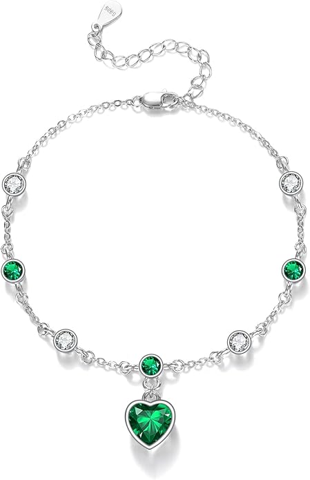 Emerald Bracelet for Women 925 Sterling Silver Love Heart May Birthstone Bracelet for Gifts