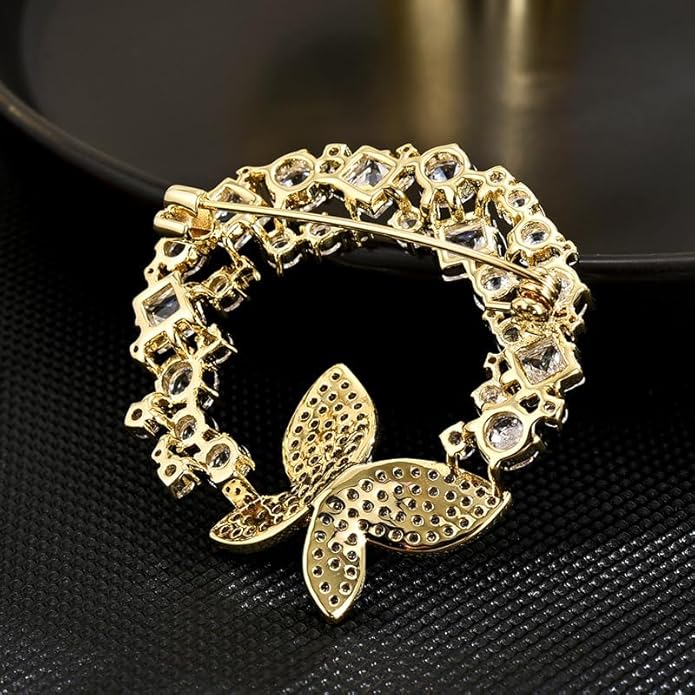 14K Gold Grand Butterfly Brooch with Crystal Embellishments, Circular Design Adorned with Natural Pearl, Luxurious and Elegant Pin for Stylish Attire
