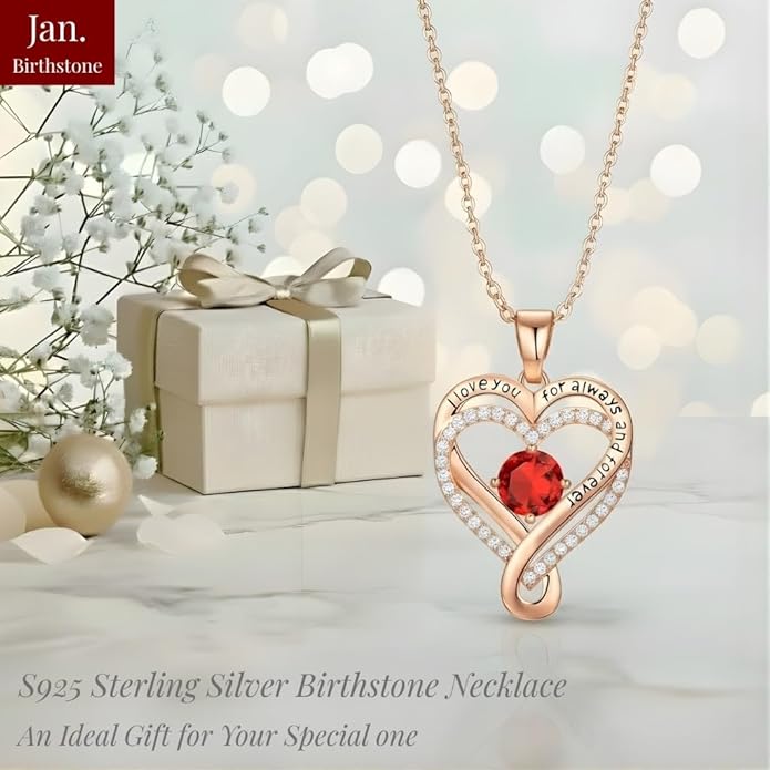 Birthstone Infinity Heart Necklace for Women Wife Girlfriend Mom Daughter Gifts S925 Silver Jewelry For Anniversary Rose Gold Gifts For Birthday Christmas Mothers Valentines Day