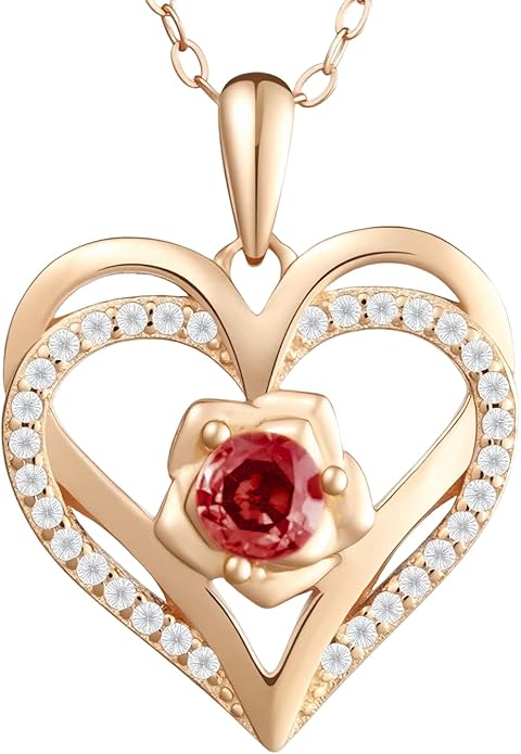 Birthstone Pendant Necklace for Women, Heart Jewelry with Rose Flower Birthday Gift Idea for Wife Girlfriend Mom Friendship on Valentine‘s Day Anniversary Christmas Wedding, 925 Sterling Silver