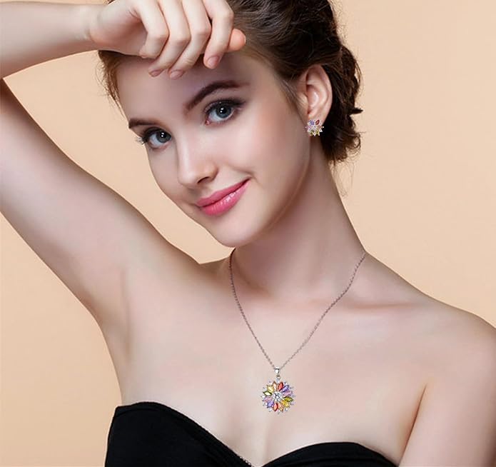 VONSSY Colorful Snowflake Pendant Necklace Earrings Rose Gold 5A Cubic Zirconia | Crystal Sweater Chain | Multi Gemstone Garnet Amethyst Morganite Peridot Prom Rhinestone Necklaces for Women Vintage Stylish Gift