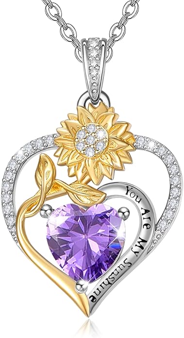 Zeuslia Double Birthstone Necklace Gifts for Wife - 925 Sterling Silver Sunflower/Rose/Crown Cross/Compass/Heart Pendant I Love You Necklace, Anniversary Birthday Gifts for Wife Girlfriend Mom Her