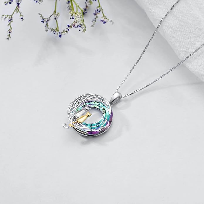 TOUPOP Christmas Cat Gifts for Cats Lovers One Two Three Four Cats Necklace Sterling Silver Cats on the Moon Pendant Necklace with Blue Circle Crystal Birthday Christmas Celtic Jewelry Gifts for Women