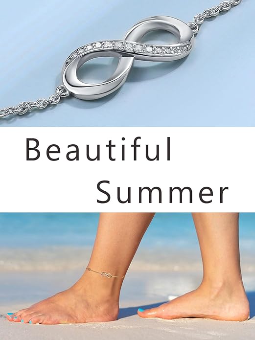 Moissanite Infinity Anklet for Women, Real Authentic 925 Sterling Silver Hypoallergenic, Beautiful Summer Jewelry, Dainty Ankle Bracelet, 8.6-10.6inch (21-26cm) Adjustable
