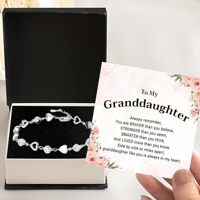 To My Granddaughter Heart Bracelet, Meaningful Jewelry Gift, Bracelet For Granddaughter from Grandma Grandpa with Message Card and Box on Christmas, Birthday, Graduation, Bracelets For Women