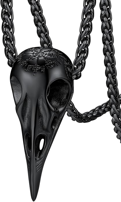 FaithHeart Viking Raven Necklace for Men, Norse Mythology Raven Skull Pendant Sturdy Stainless Steel Amulet Jewelry Gift for Men