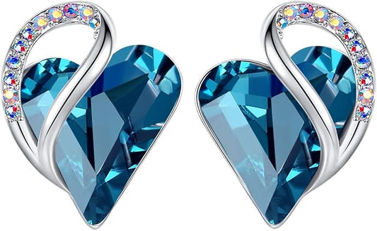 Earrings for Women, Mothers Day Gift for Mom, Heart Birthstone Crystal Stud Earring, Silver Plated Birthday Jewelry