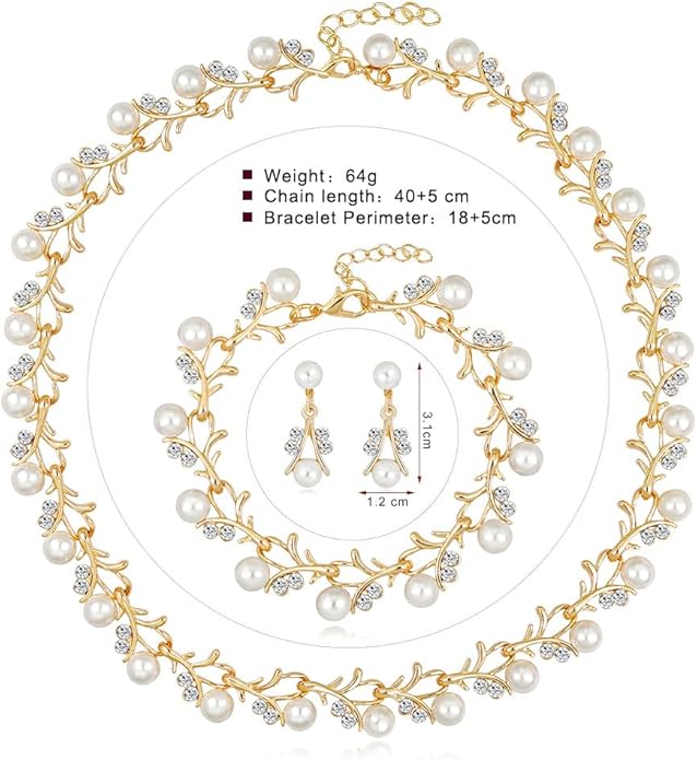Rrdaily Rhinestone Pearl Wedding Jewelry Set for Bride Bridesmaid Bohemia Adjustable Beaded Crystal Bracelet Necklace Exaggerated Pearl Earring Set for Women