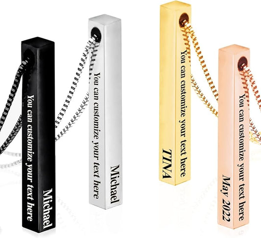 BellBlow- Personalized Bar Necklace Engraved with Name for Men Woman, Custom 3D Vertical Bar Pendant Name Chain Necklaces, 4sides Customizable Name Plate Necklace Jewelry Gift Boyfriend Girlfriend