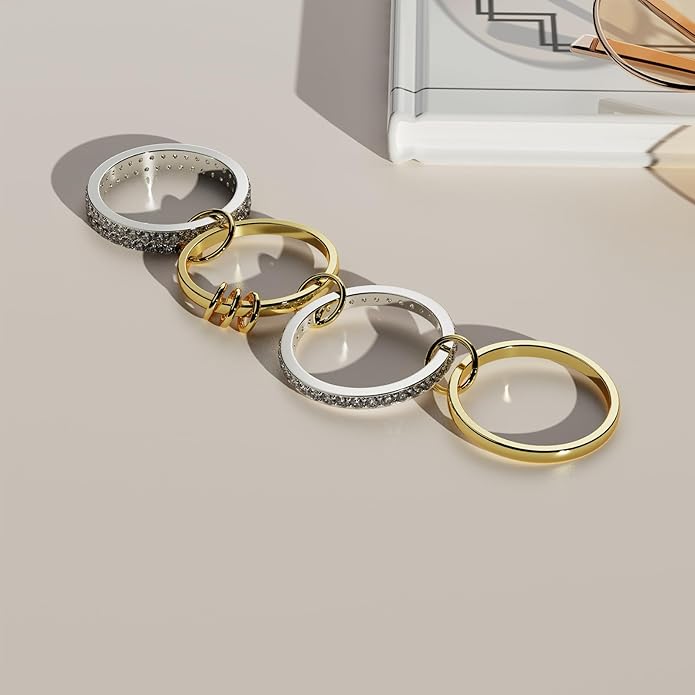Stackable Rings For Women Non Tarnish,Two-Tone 18K Gold Silver Mixed Metals Interlocked Ring, Cubic Double-Layer Zirconia Interlocked Fashion Accessories Jewelry, Special Statement Ring Set Gifts For Women
