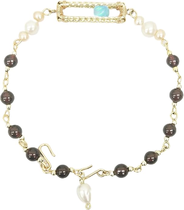 Fidget Bracelet for Anxiety with Rolling Lab Opal, Freshwater Pearl & Natural Garnet, Handmade 14K Gold-Plated Brass Chain, Dainty Fashion Jewelry (Adjustable Dual Hook)