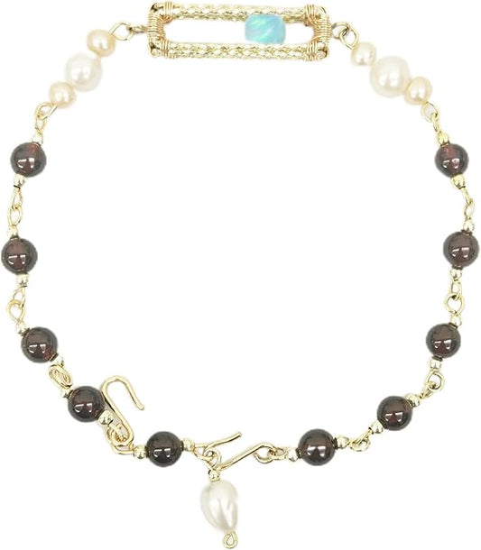 Fidget Bracelet for Anxiety with Rolling Lab Opal, Freshwater Pearl & Natural Garnet, Handmade 14K Gold-Plated Brass Chain, Dainty Fashion Jewelry (Adjustable Dual Hook)